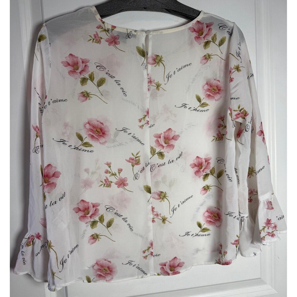 Forever 21 Floral Chiffon Blouse Women M Sheer Romantic Ruffle Sleeve Top. - Picture 2 of 5